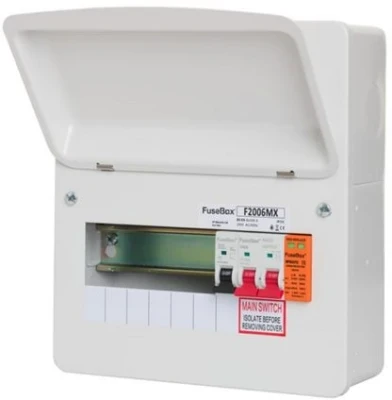 FuseBox F2006MX 100A Main Switch Consumer Unit with T2 Surge Protection, 6 Way, Steel, White