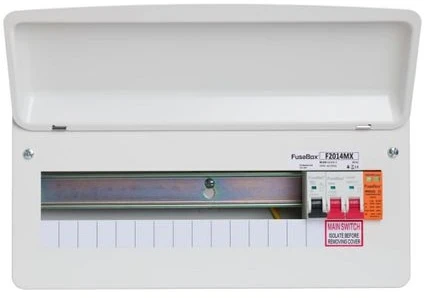 FuseBox F2014MX 100A Main Switch Consumer Unit with T2 Surge Protection, 14 Way, Steel, White